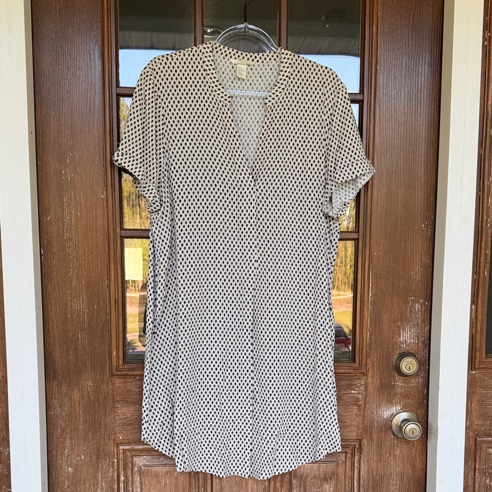 Polka Dot Short Sleeve Tunic Dress - Navy Blue on Cream